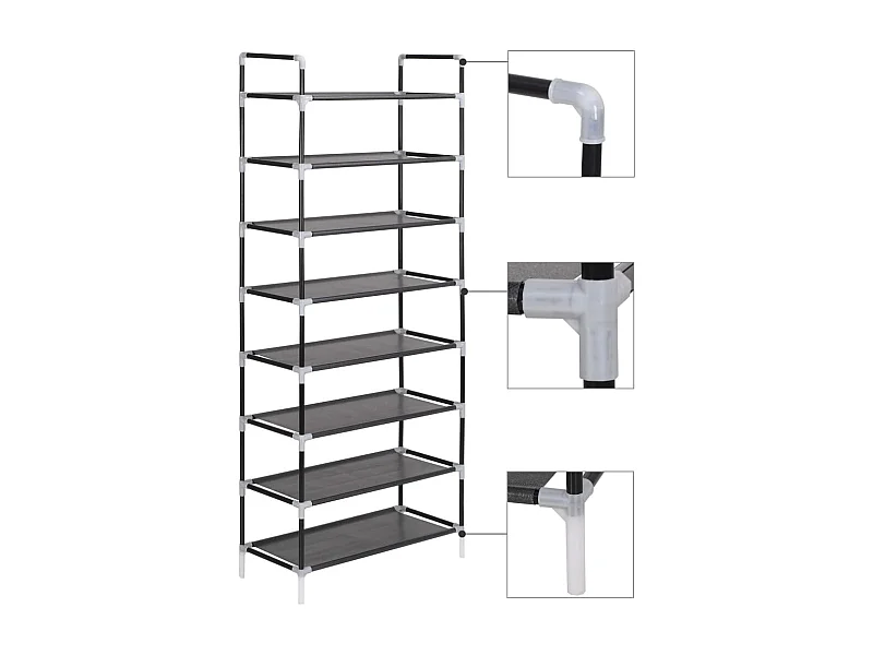 Schuhregal mit 8 Ablagen Metall und Vliesstoff Schwarz