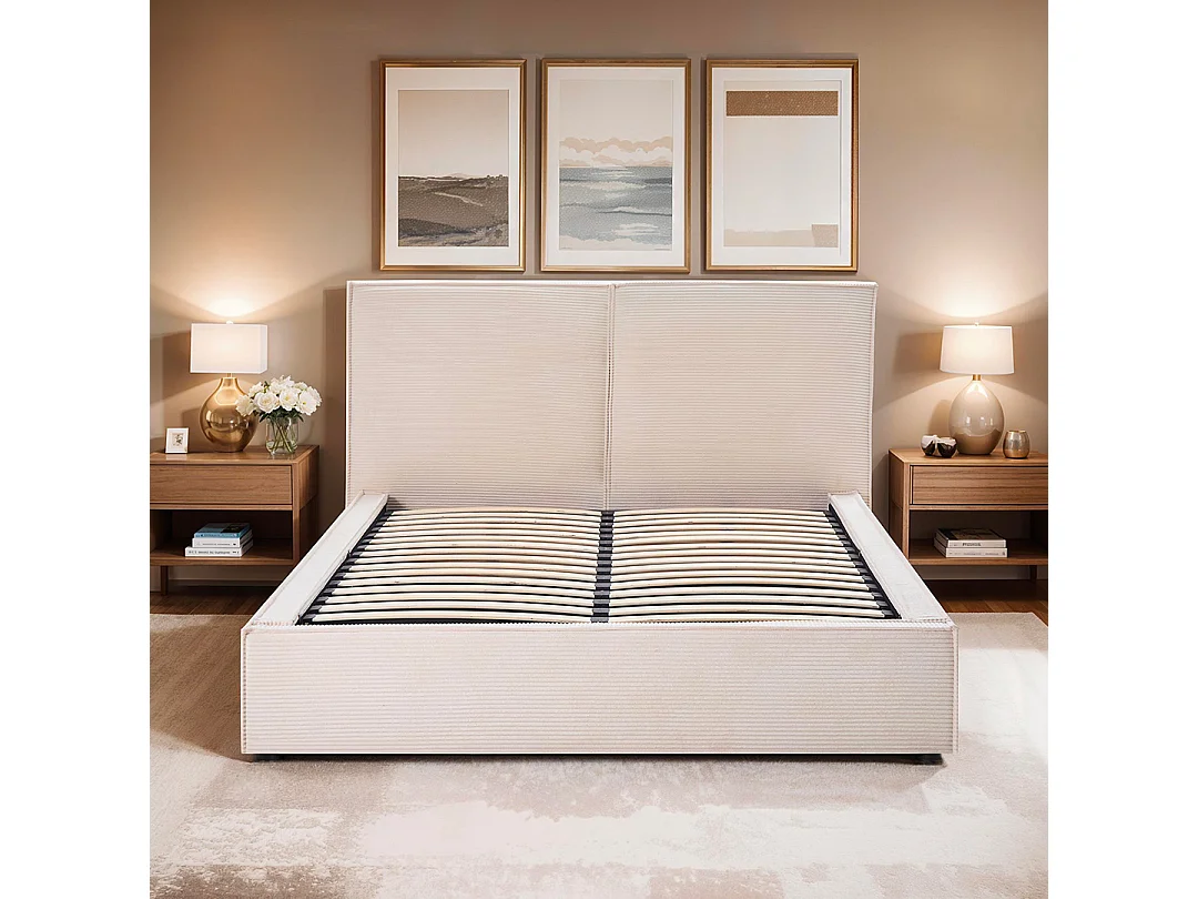 BELLECOUR LITERIE | Lit coffre velours côtelé beige INTEMPOREL 180x200 cm