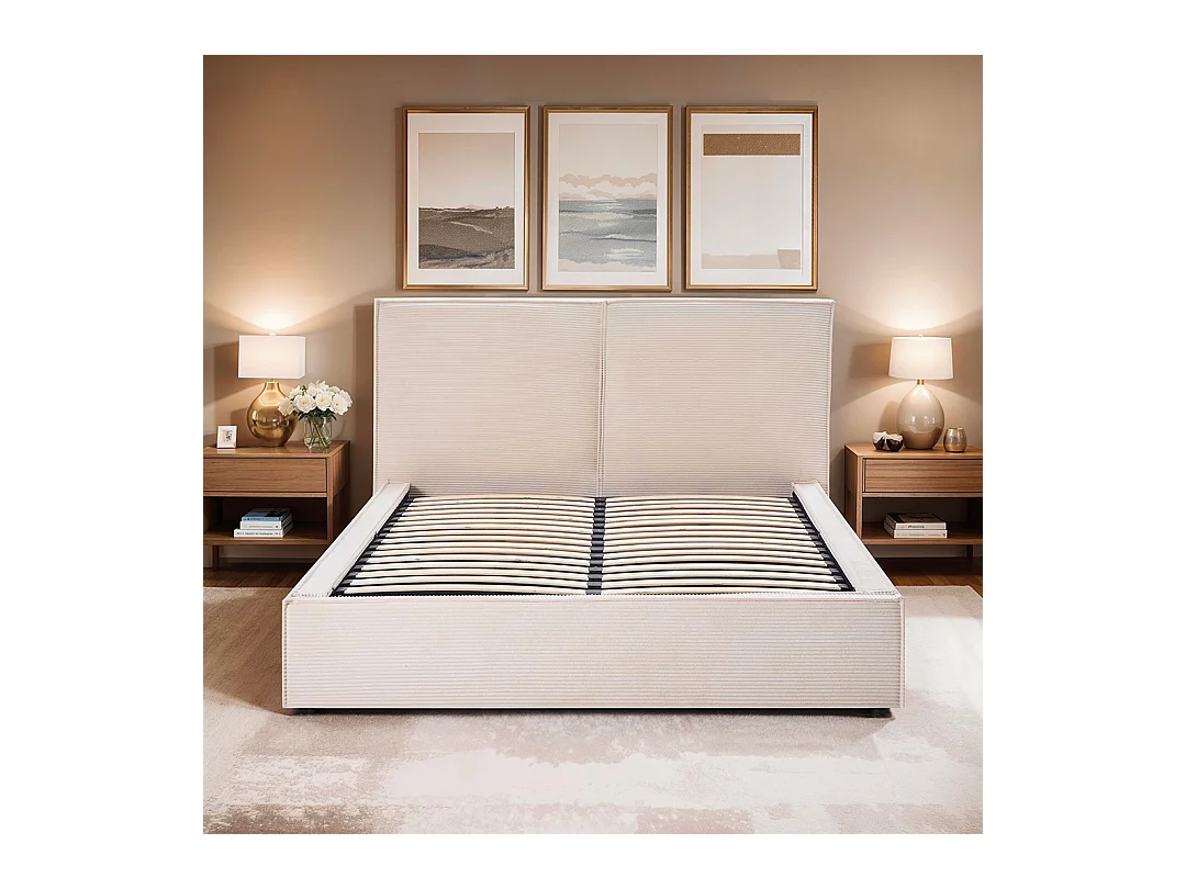 BELLECOUR LITERIE | Lit coffre velours côtelé beige INTEMPOREL 140x190 cm