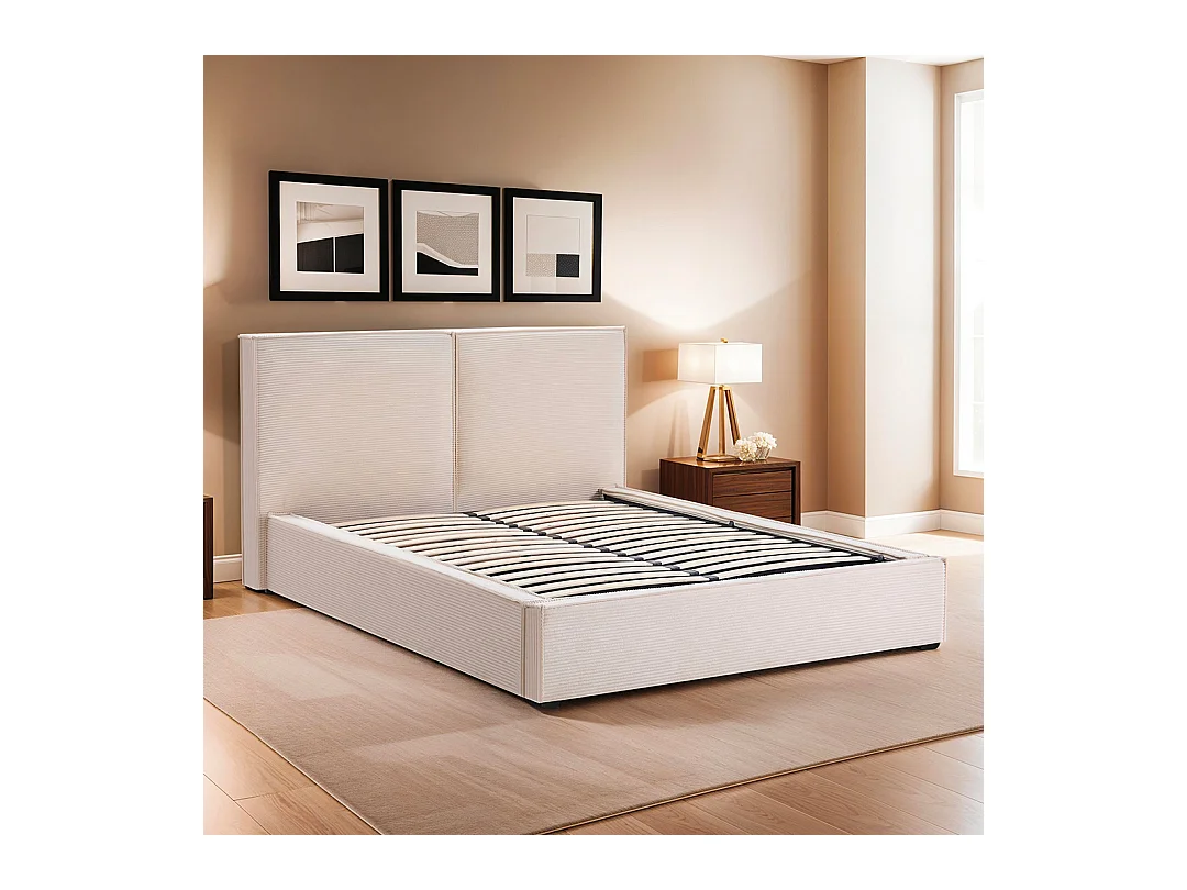 BELLECOUR LITERIE | Lit coffre velours côtelé beige INTEMPOREL 160x200 cm