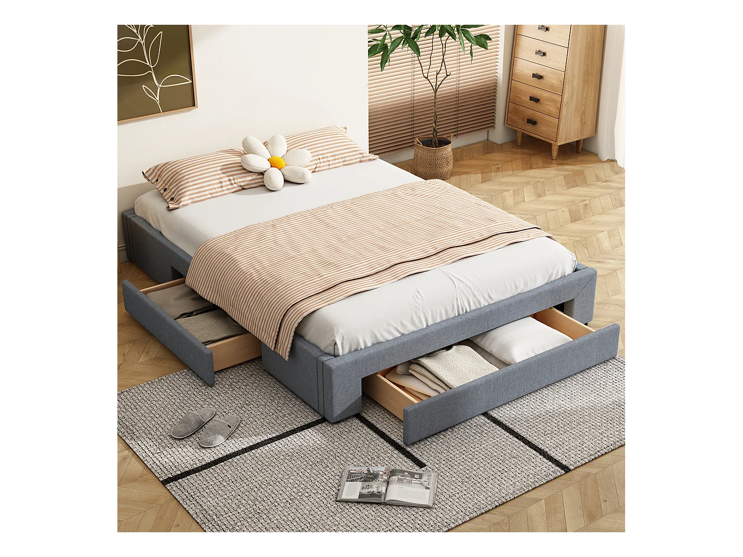 Lit coffre simple - 160 x 200 cm - avec 3 tiroirs - Sans tête de lit - Tissu lin - gris