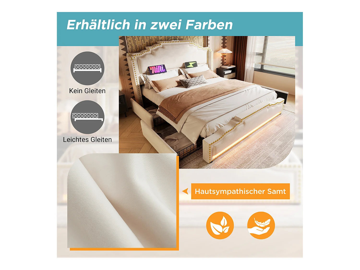 Lit coffre rembourré double - 140 x 200 cm - avec Leds + USB-C + 4 tiroirs - velours - beige