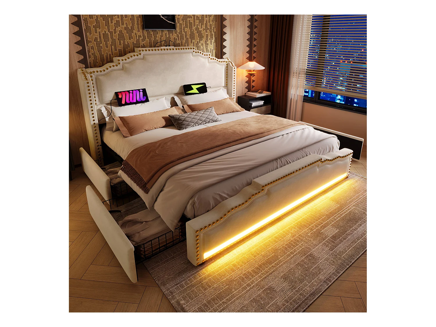 Cama de casal estofada com arrumação - 140 x 200 cm - com LEDs + USB-C + 4 gavetas - veludo - bege