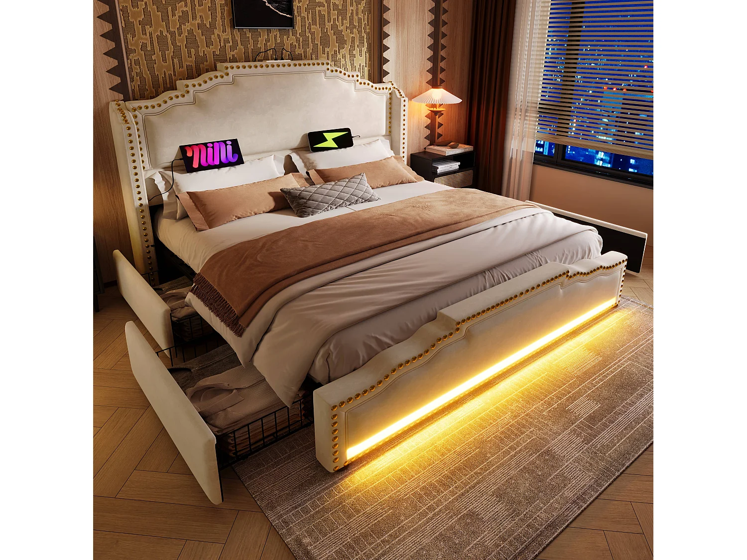 Lit coffre rembourré double - 180 x 200 cm - avec Leds + USB-C + 4 tiroirs - velours - beige