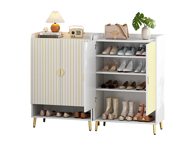 2 nowoczesne szafki na buty 2-drzwiowe - 75 x 110 x 37 cm - 3-poziomowa półka + otwarta dolna szuflada - MDF - białe