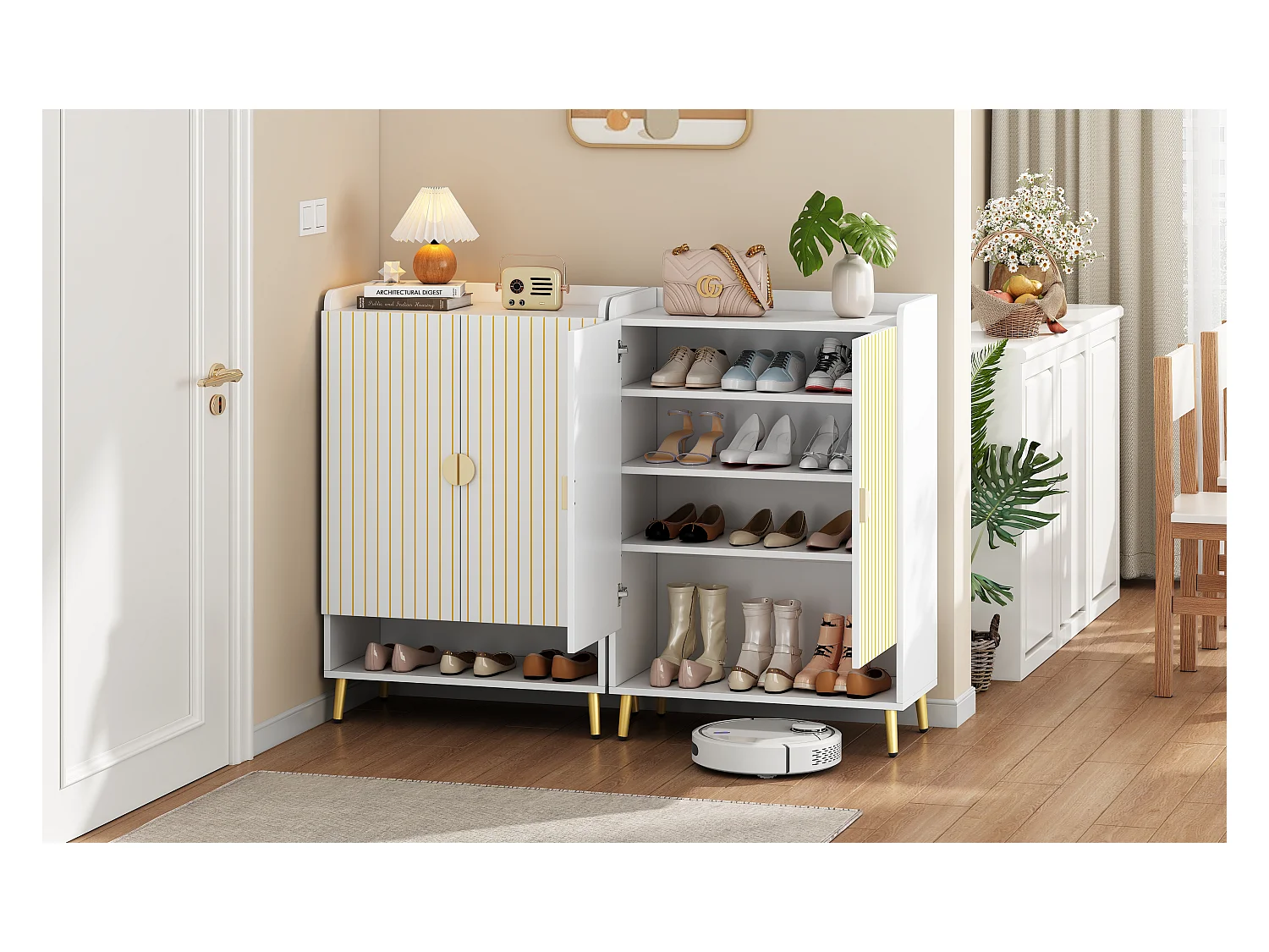 2 Meubles à chaussures moderne à 2 portes - 75 x 110 x 37 cm - étagère à 3 niveaux + tiroir inférieur ouvert - MDF - Blanc