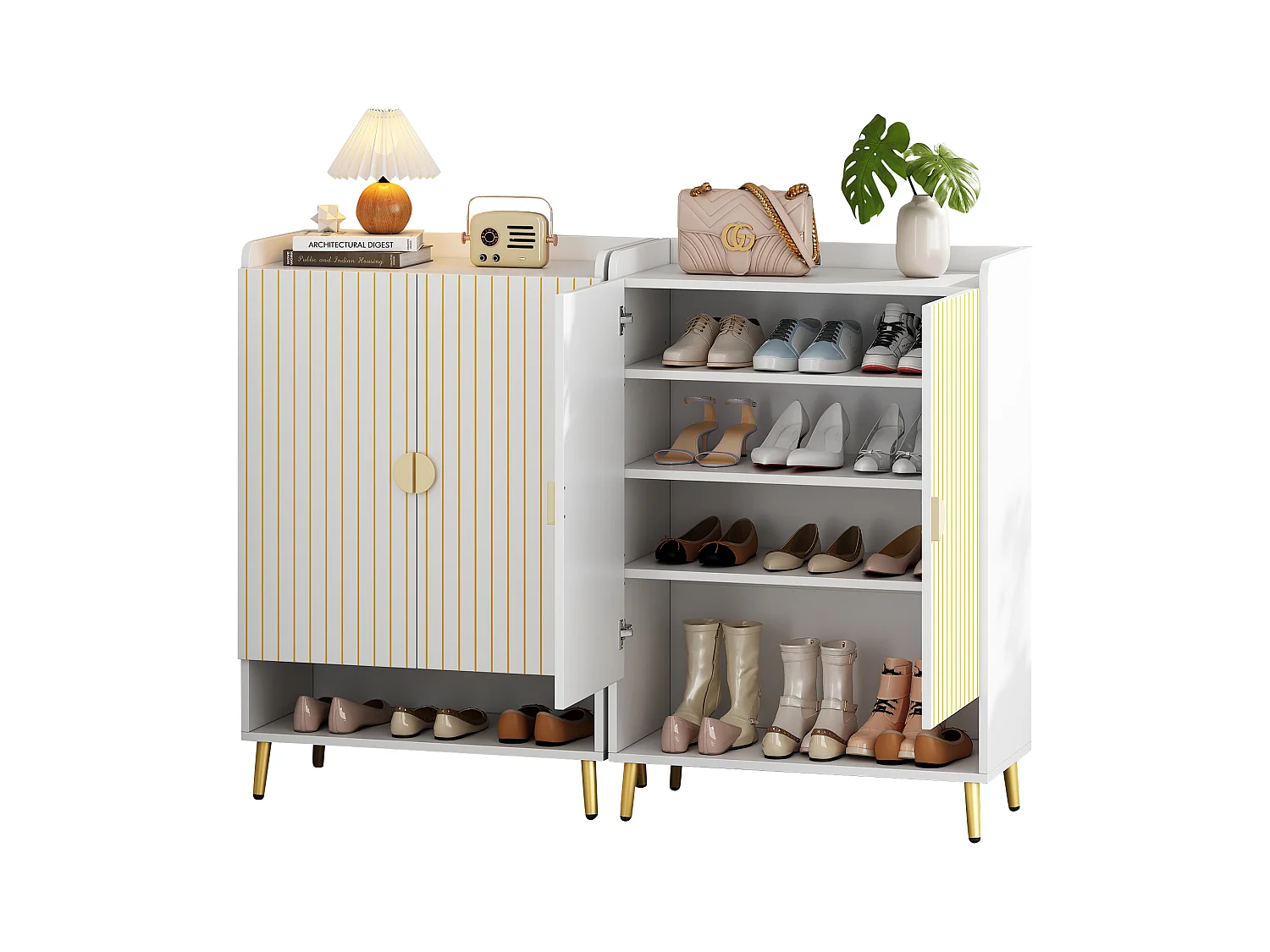 2 moderne 2-türige Schuhschränke - 75 x 110 x 37 cm - 3-stöckiges Regal + offene Schublade unten - MDF - Weiß