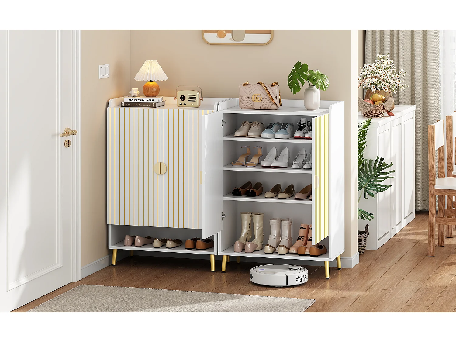 2 Meubles à chaussures moderne à 2 portes - 75 x 110 x 37 cm - étagère à 3 niveaux + tiroir inférieur ouvert - MDF - Blanc