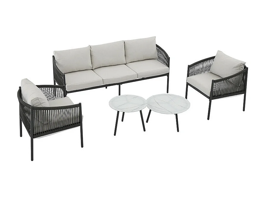 Salon de jardin en métal : 2 tables basses de rond en verre, 2 fauteuils et canapé 3 places - table avec un motif en marbre