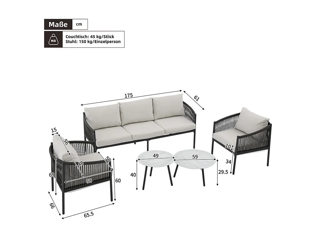 Salon de jardin en métal : 2 tables basses de rond en verre, 2 fauteuils et canapé 3 places - table avec un motif en marbre