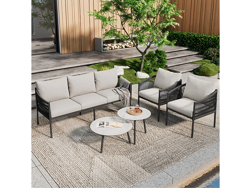 Salon de jardin en métal : 2 tables basses de rond en verre, 2 fauteuils et canapé 3 places - table avec un motif en marbre