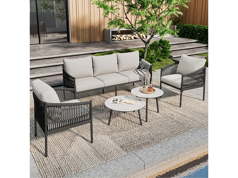 Salon de jardin en métal : 2 tables basses de rond en verre, 2 fauteuils et canapé 3 places - table avec un motif en marbre