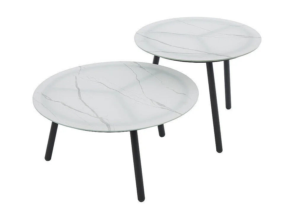 Salon de jardin en métal : 2 tables basses de rond en verre, 2 fauteuils et canapé 3 places - table avec un motif en marbre