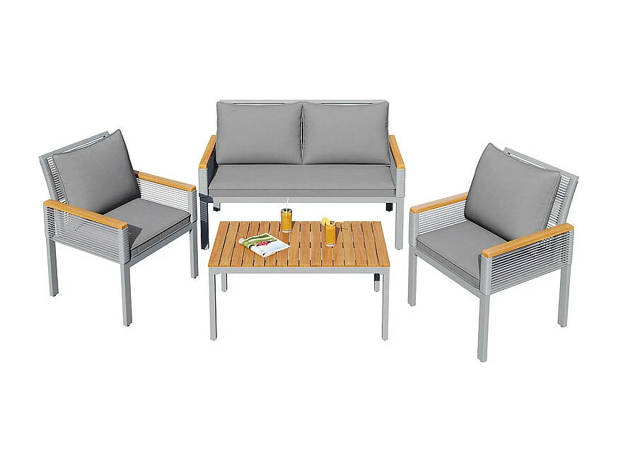 Tuin staal set: Bijzettafel + 2 fauteuils en 2-zits bank, met kussens, Grijs