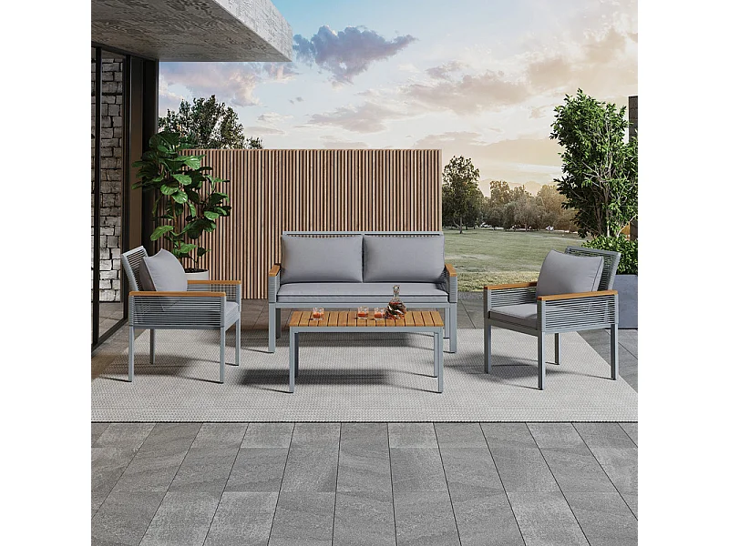 Tuin staal set: Bijzettafel + 2 fauteuils en 2-zits bank, met kussens, Grijs