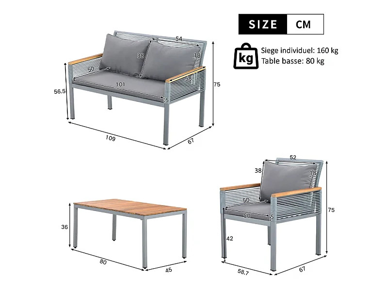 Tuin staal set: Bijzettafel + 2 fauteuils en 2-zits bank, met kussens, Grijs