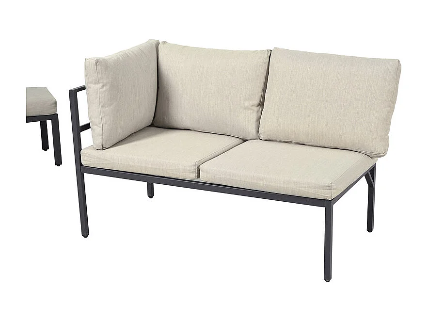 Salon d'angle de jardin en métal : 2 pouf, canapé d'angle et table basse - coussins beige