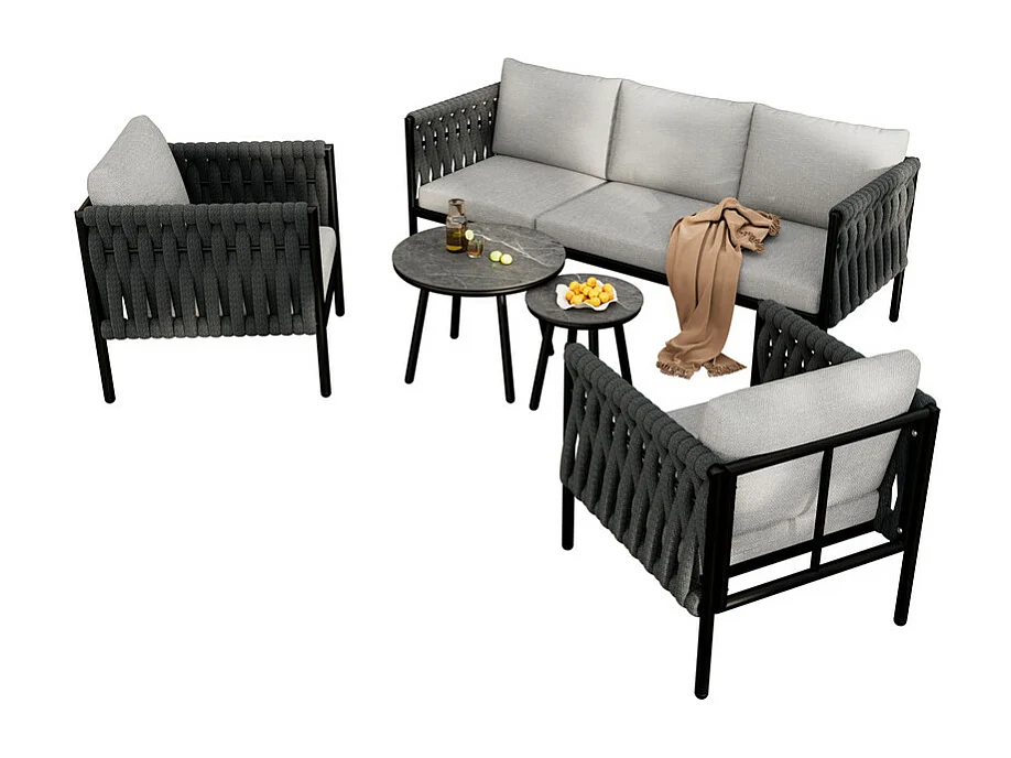 Salon de jardin en métal - canapé 3 places, 2 fauteuils et 2 tables basses - table en verre marbré - Noir et Gris