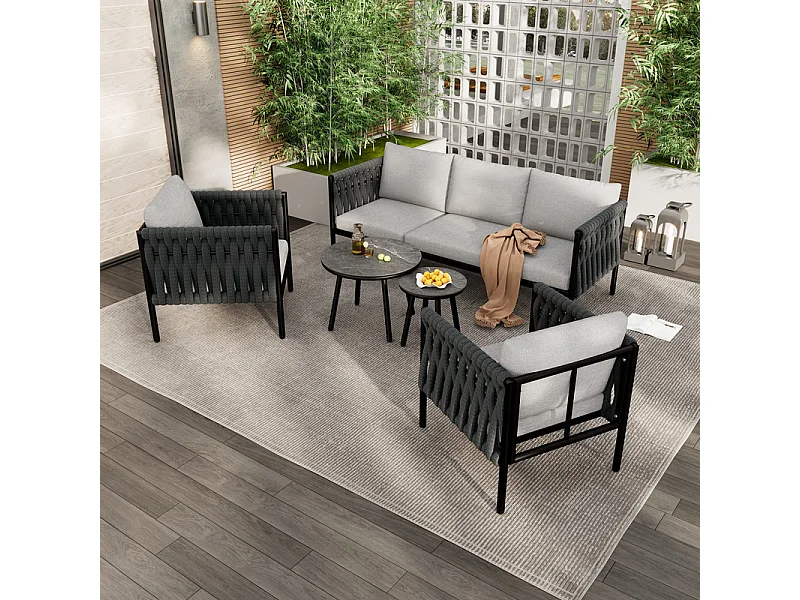 Salon de jardin en métal - canapé 3 places, 2 fauteuils et 2 tables basses - table en verre marbré - Noir et Gris