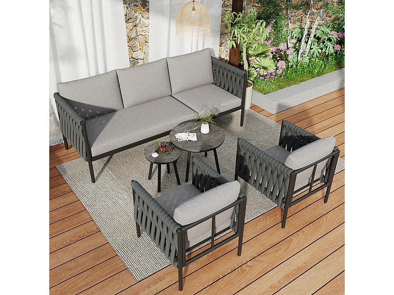 Salon de jardin en métal - canapé 3 places, 2 fauteuils et 2 tables basses - table en verre marbré - Noir et Gris