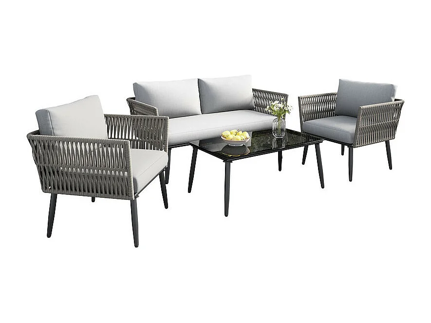 Salon de jardin en métal : canapé 2 places, 2 fauteuils et table basse - assiette de table en verre noir - avec coussins gris