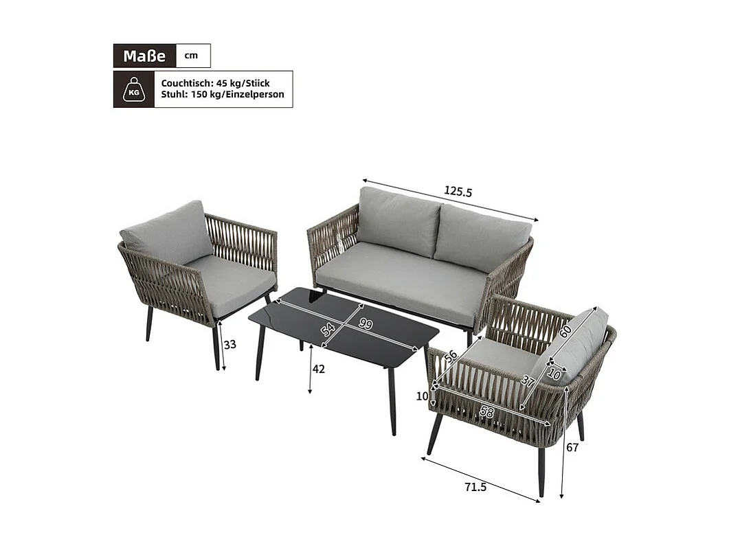 Salon de jardin en métal : canapé 2 places, 2 fauteuils et table basse - assiette de table en verre noir - avec coussins gris