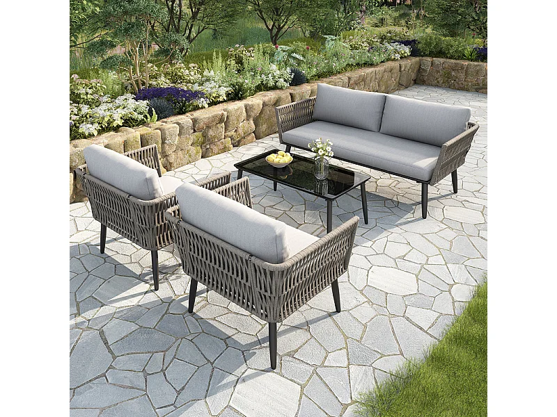 Salon de jardin en métal : canapé 2 places, 2 fauteuils et table basse - assiette de table en verre noir - avec coussins gris