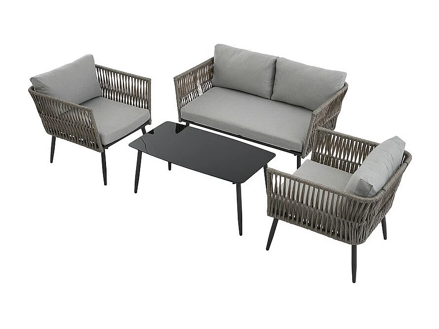 Salon de jardin en métal : canapé 2 places, 2 fauteuils et table basse - assiette de table en verre noir - avec coussins gris