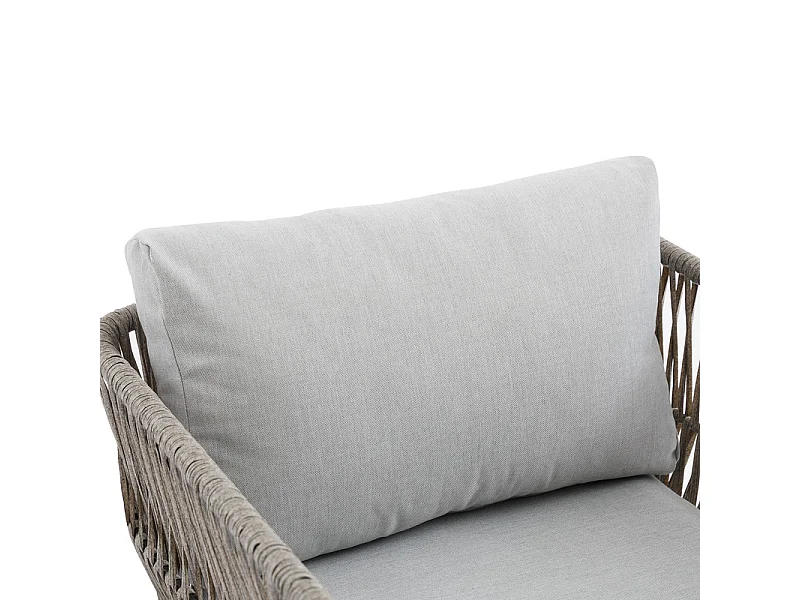 Salon de jardin en métal : canapé 2 places, 2 fauteuils et table basse - assiette de table en verre noir - avec coussins gris