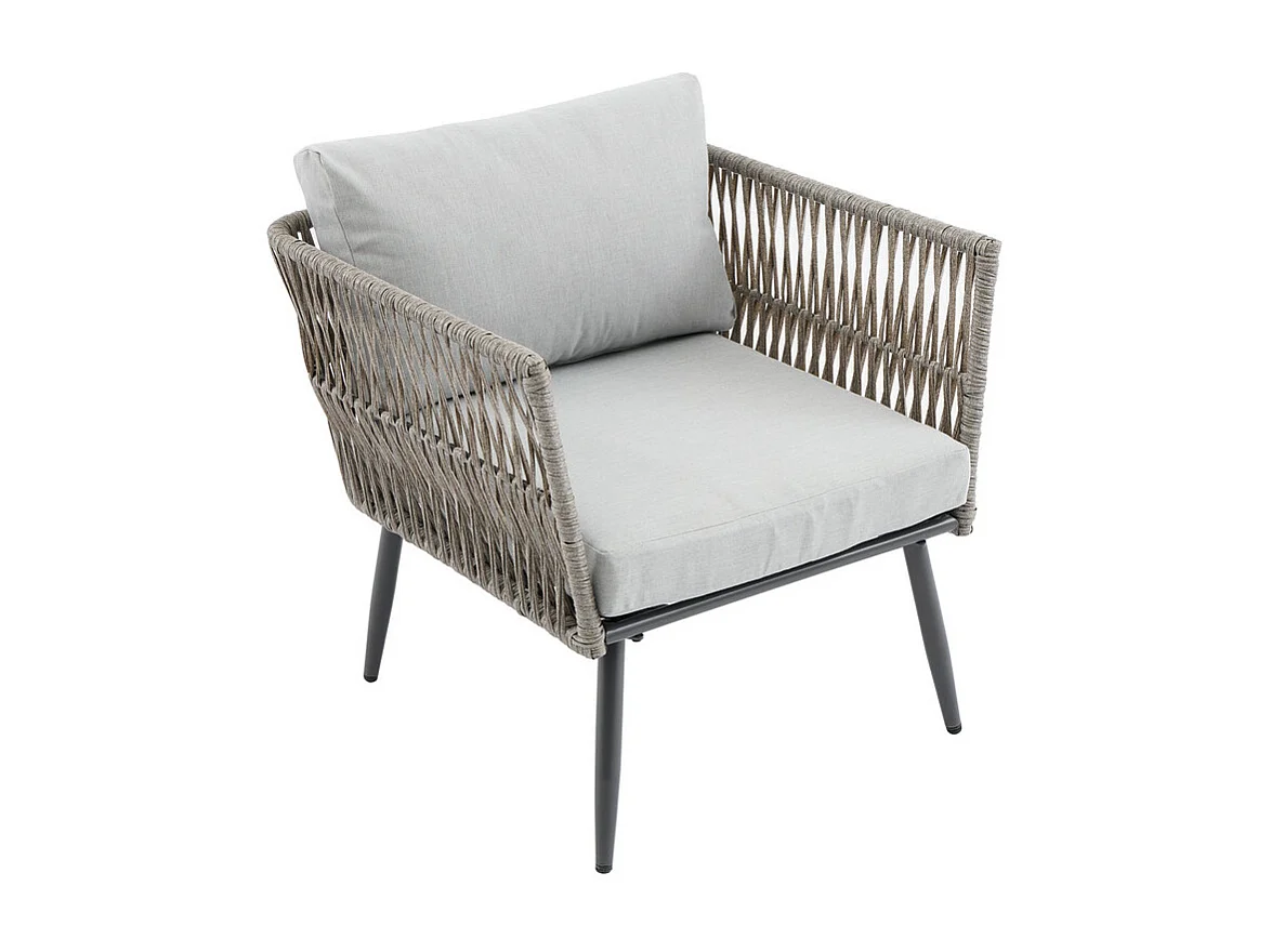 Salon de jardin en métal : canapé 2 places, 2 fauteuils et table basse - assiette de table en verre noir - avec coussins gris