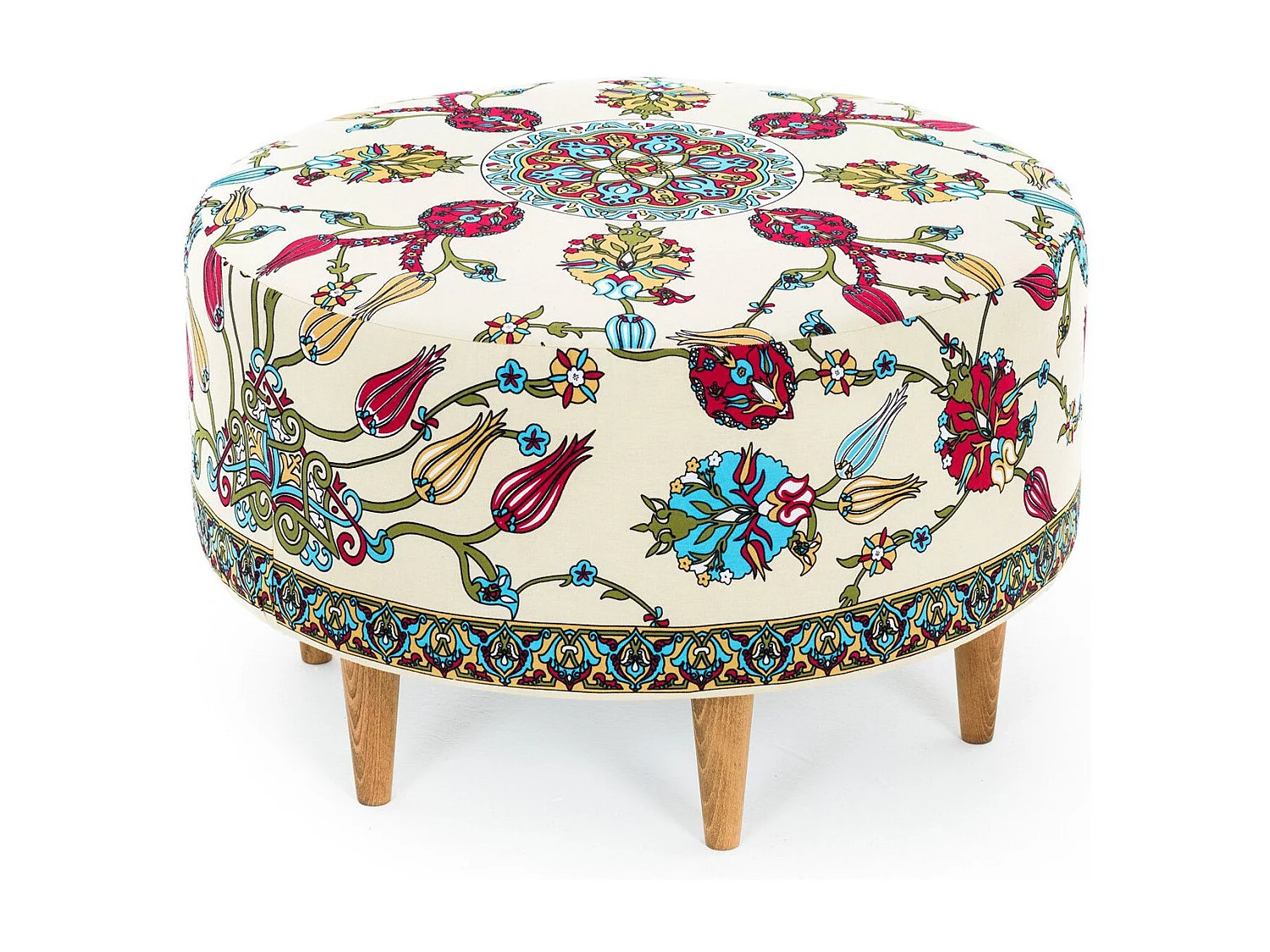 Tabouret rond Hitoro D65cm Velours Blanc crème Motif Florale Multicolore