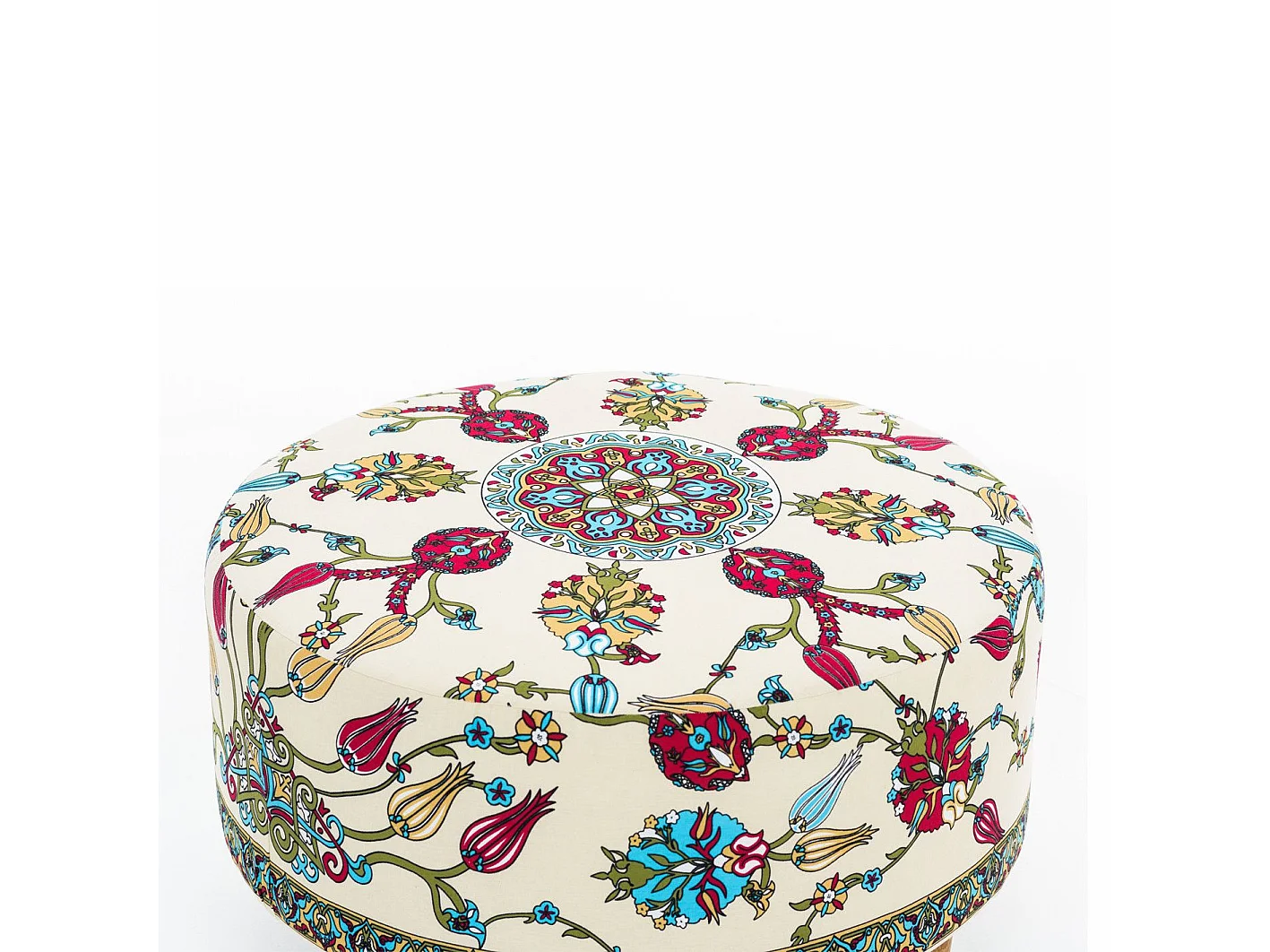 Tabouret rond Hitoro D65cm Velours Blanc crème Motif Florale Multicolore