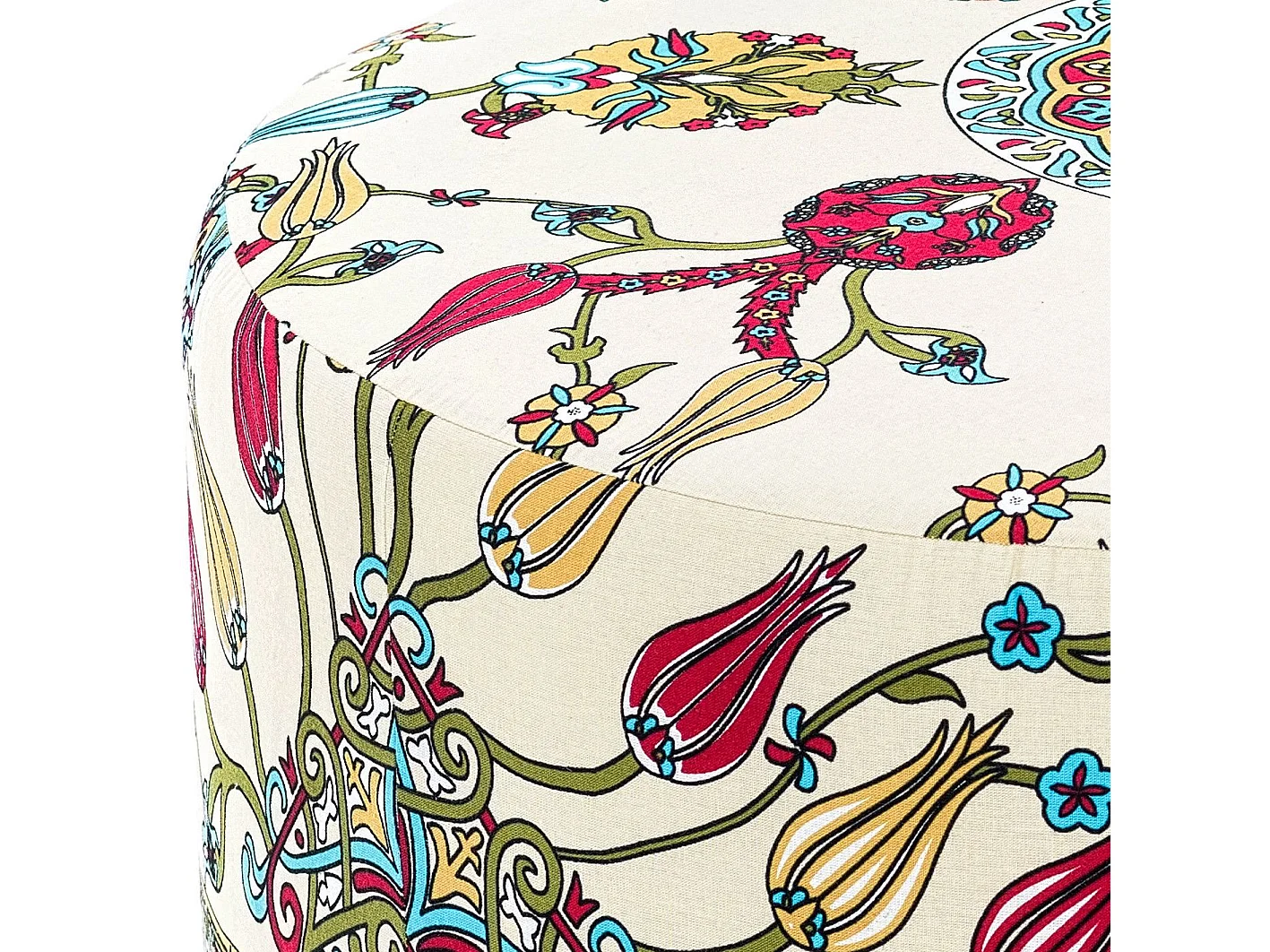 Tabouret rond Hitoro D65cm Velours Blanc crème Motif Florale Multicolore