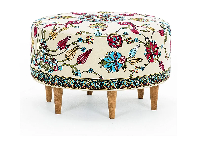 Tabouret rond Hitoro D65cm Velours Blanc crème Motif Florale Multicolore