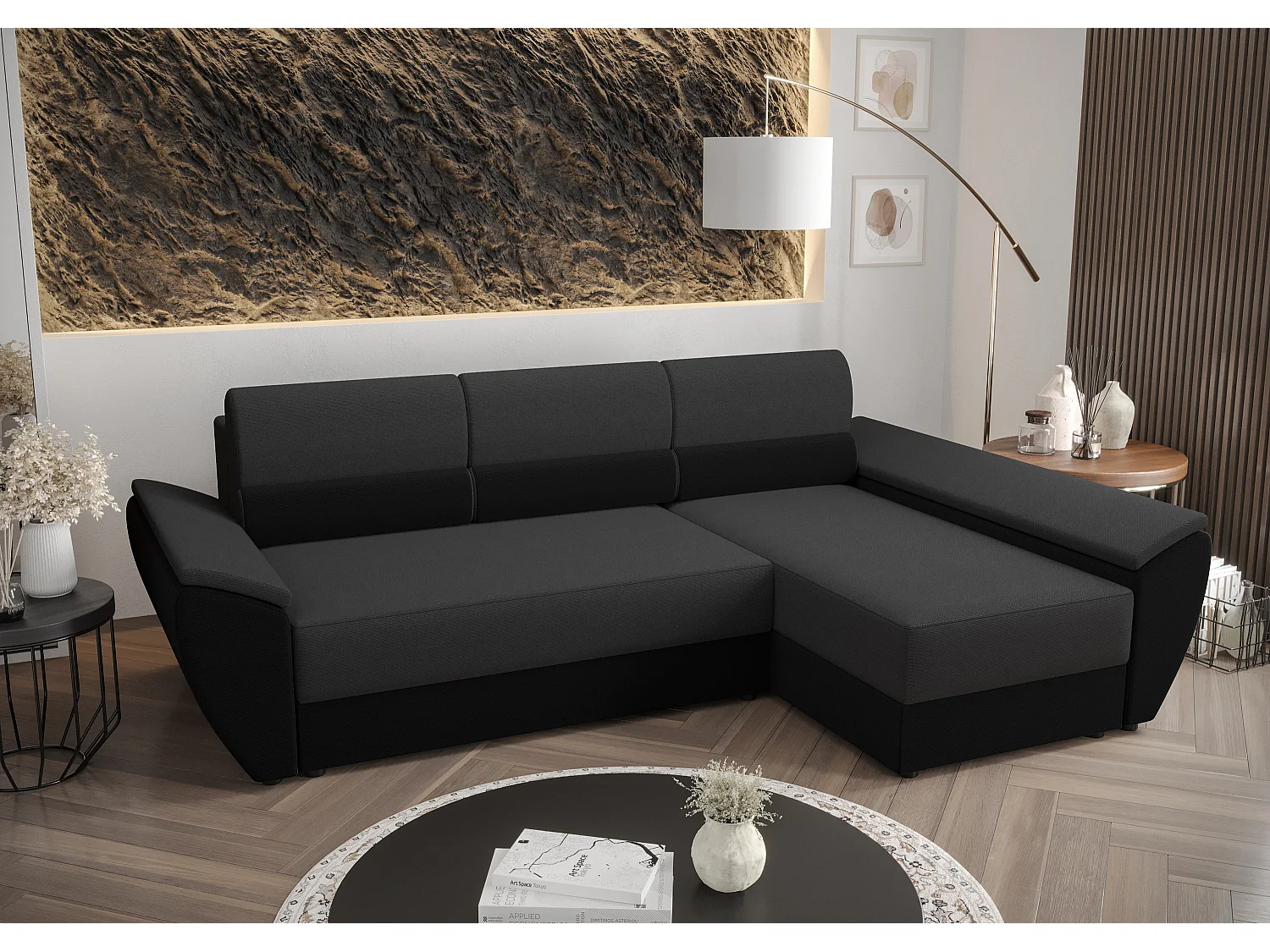 BEDANTE Hoekbank L REBI L3 Rainbow 27/15 Rechts met slaapfunctie, grijs/zwart, L-vorm, bank met opbergruimte, bedlade, woonkamerbank, bankstel, sofa, slaapbank