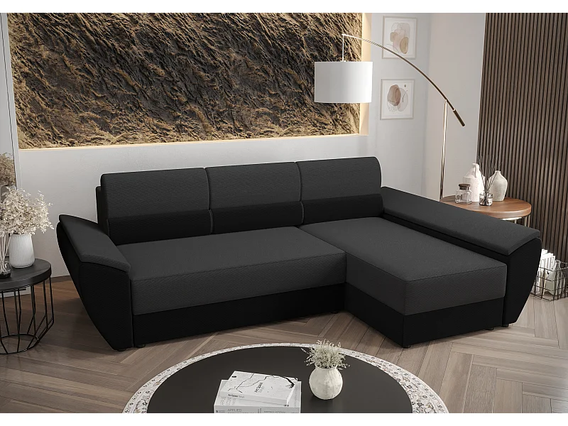 BEDANTE Canapé d’angle L REBI L3 Rainbow 27/15 Droite avec fonction lit, gris/noir, en forme de L