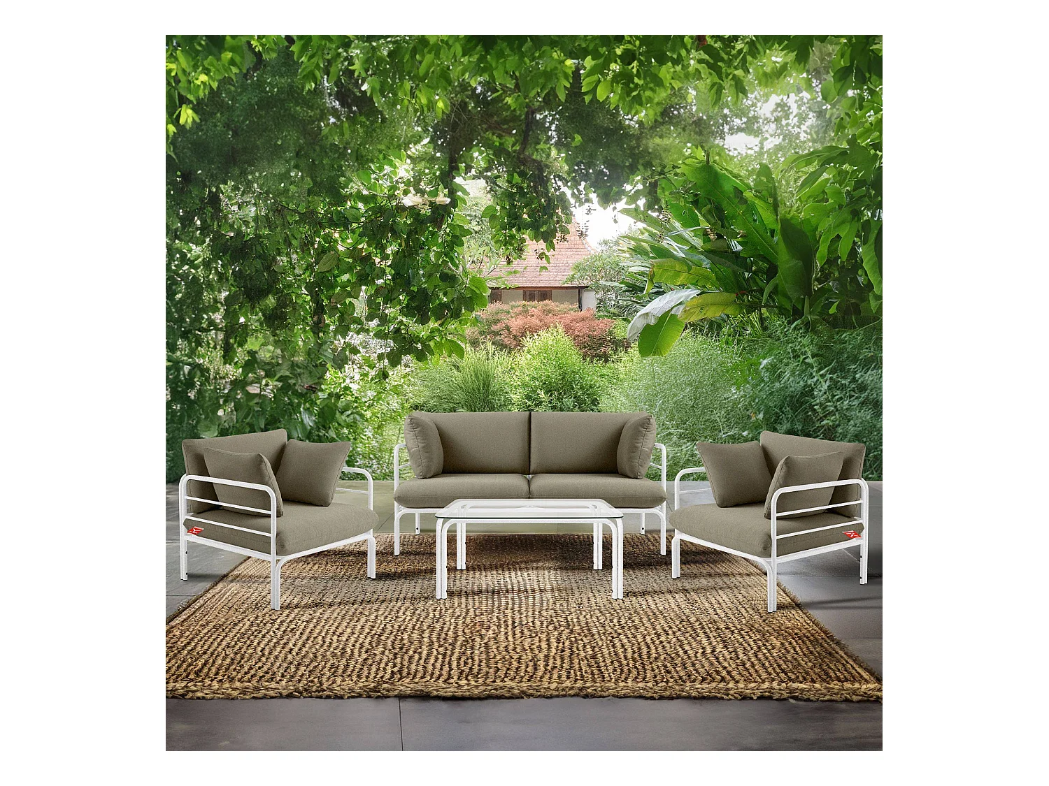 Ensemble de jardin RAMBE blanc et beige, dimensions 150x80x80 cm, idéal pour l'extérieur
