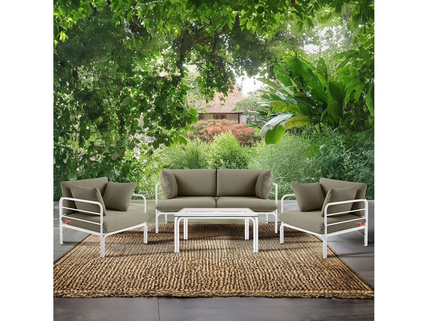 Garten-Sitzgruppen RAMBE weiß und beige, Maße 150x80x80 cm, ideal für den Außenbereich