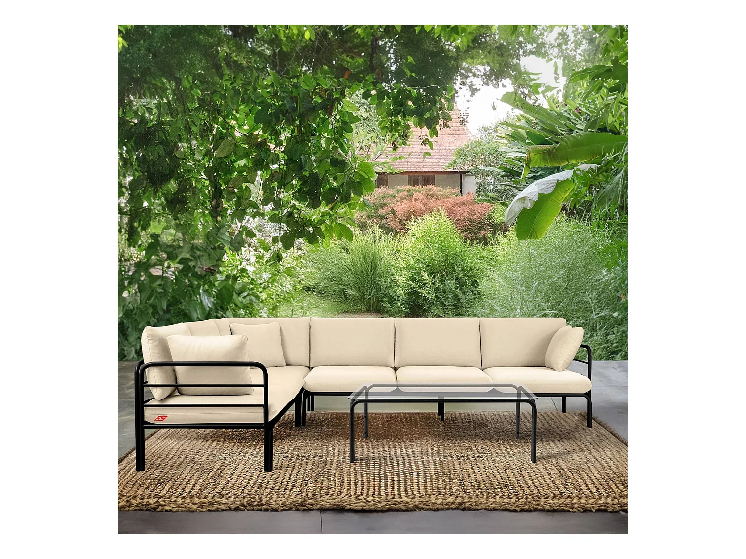 Ensemble d'angle de jardin RAMBE gris et blanc cassé, dimensions 304x80x229 cm, confort maximal