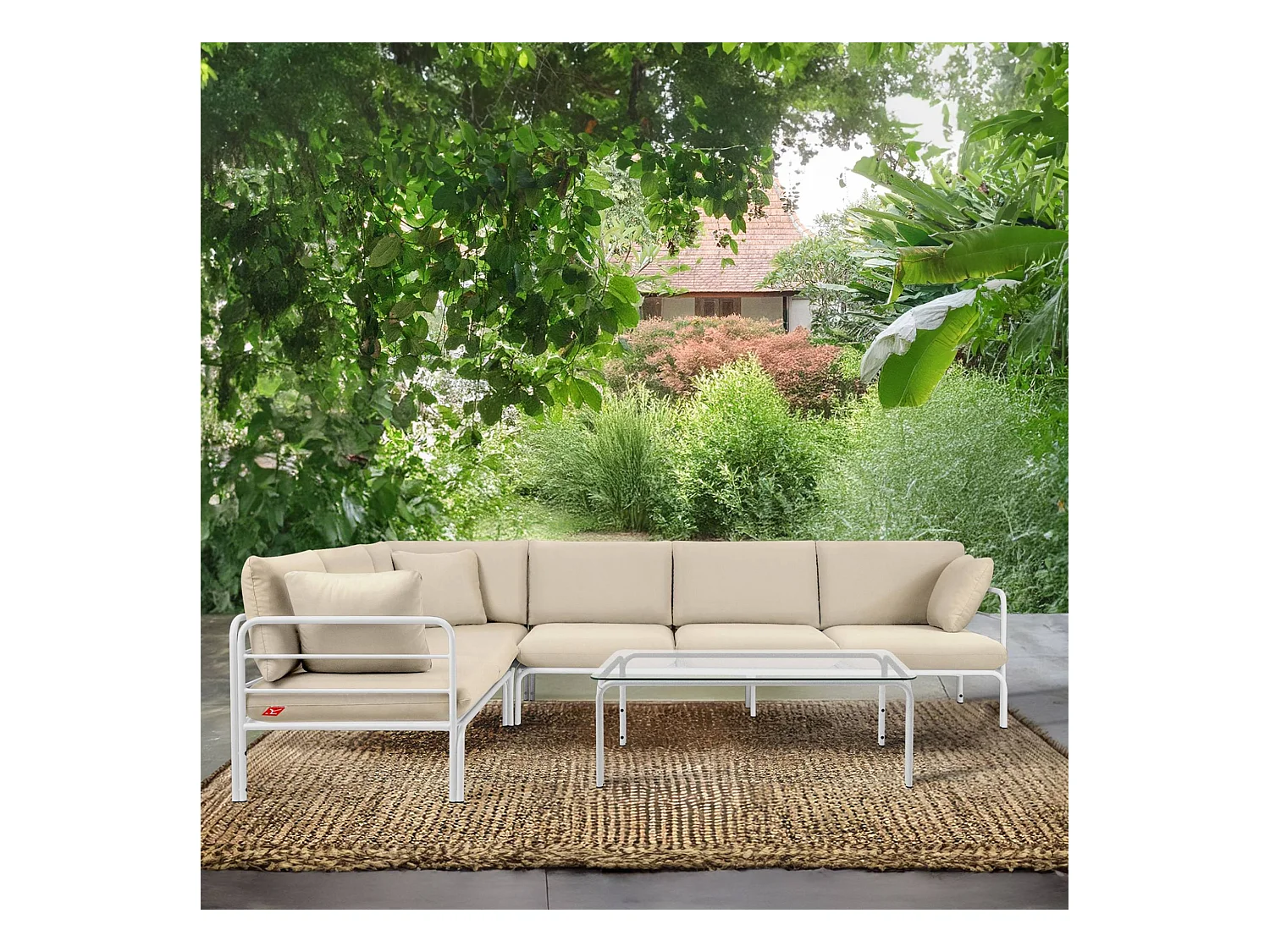 Ensemble d'angle de jardin RAMBE blanc et blanc cassé, dimensions 304x80x229 cm, parfait pour grands espaces