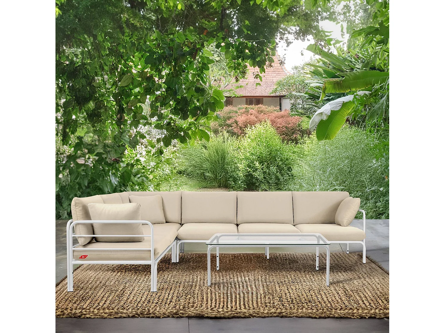 Ensemble d'angle de jardin RAMBE blanc et blanc cassé, dimensions 304x80x229 cm, parfait pour grands espaces