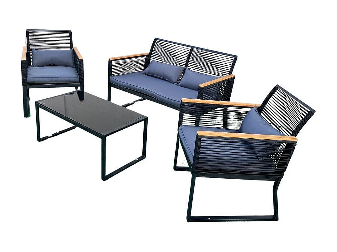 Conjunto de jardín Eleganza sofá doble + 2 sillas + mesa y cojines negro/roble