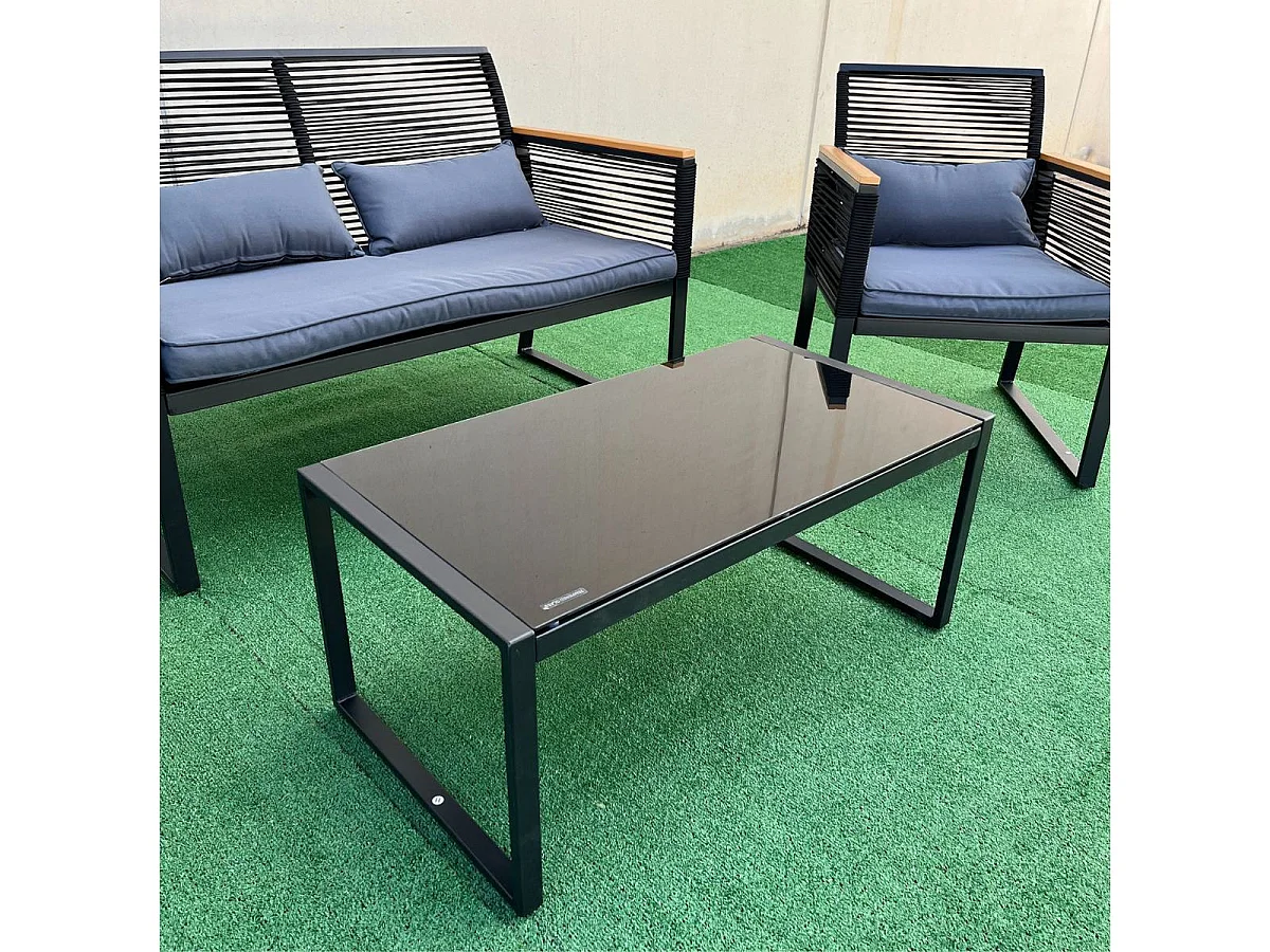 Conjunto de jardín Eleganza sofá doble + 2 sillas + mesa y cojines negro/roble