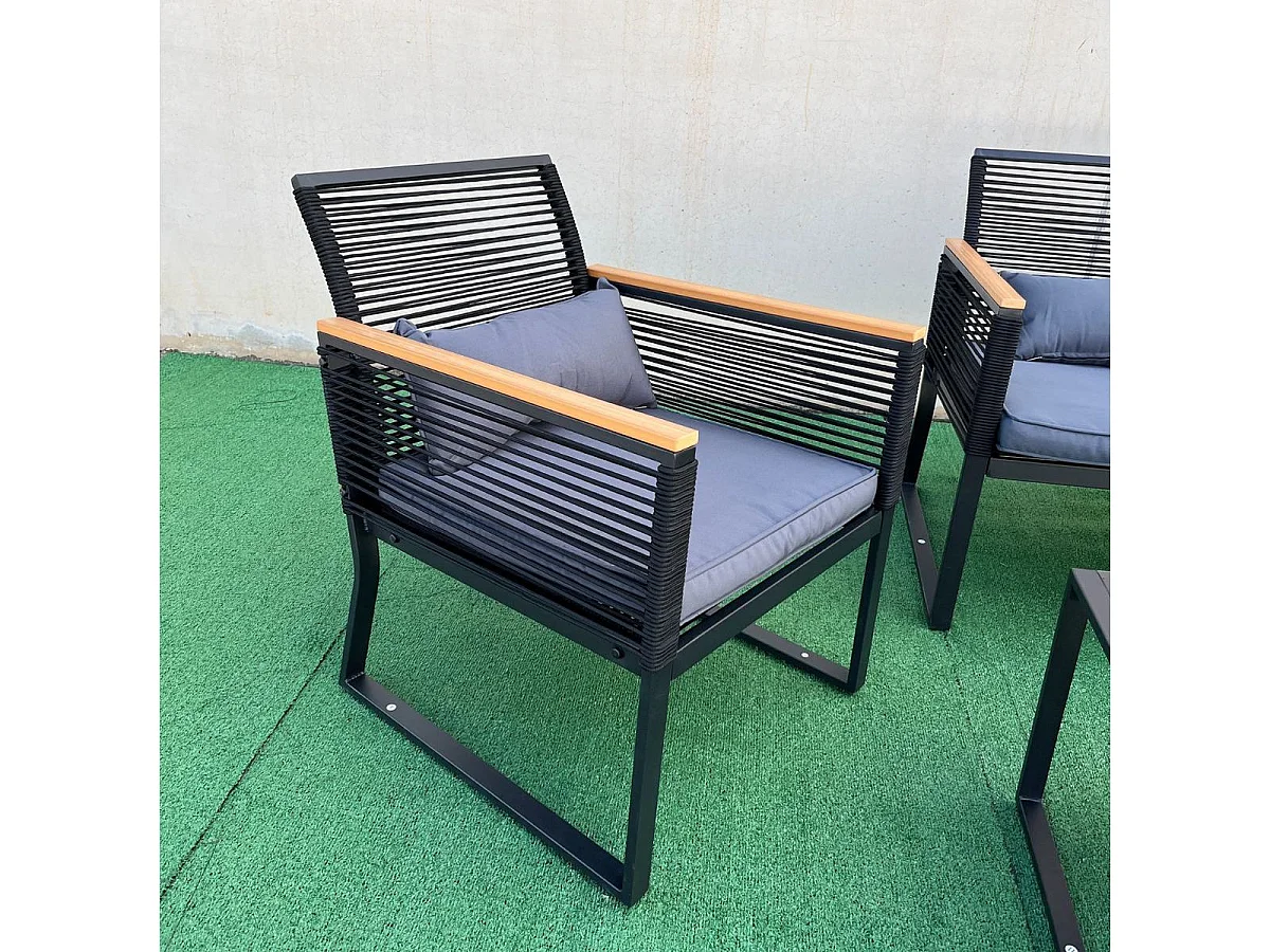 Conjunto de jardín Eleganza sofá doble + 2 sillas + mesa y cojines negro/roble