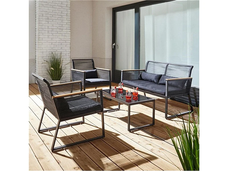 Conjunto de jardín Eleganza sofá doble + 2 sillas + mesa y cojines negro/roble