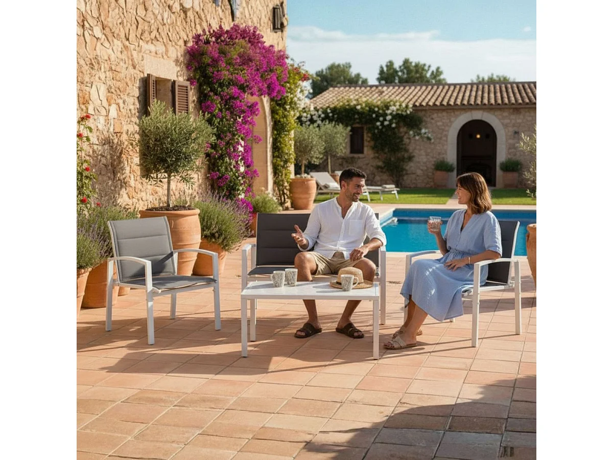 Conjunto de jardín Elba sofá doble + 2 sillas + mesa blanco/marrón