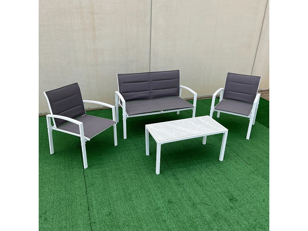 Conjunto de jardín Elba sofá doble + 2 sillas + mesa blanco/marrón