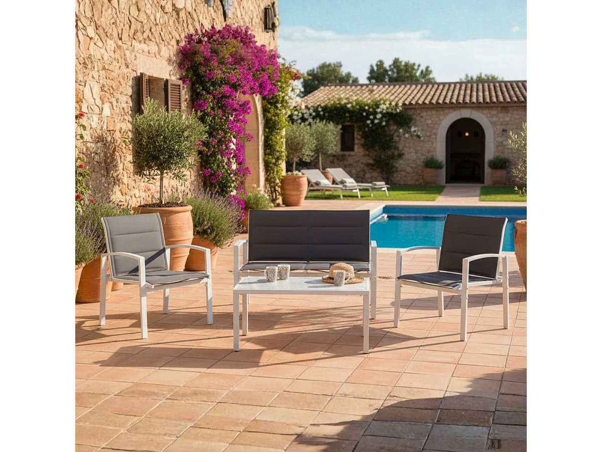 Conjunto de jardín Elba sofá doble + 2 sillas + mesa blanco/marrón