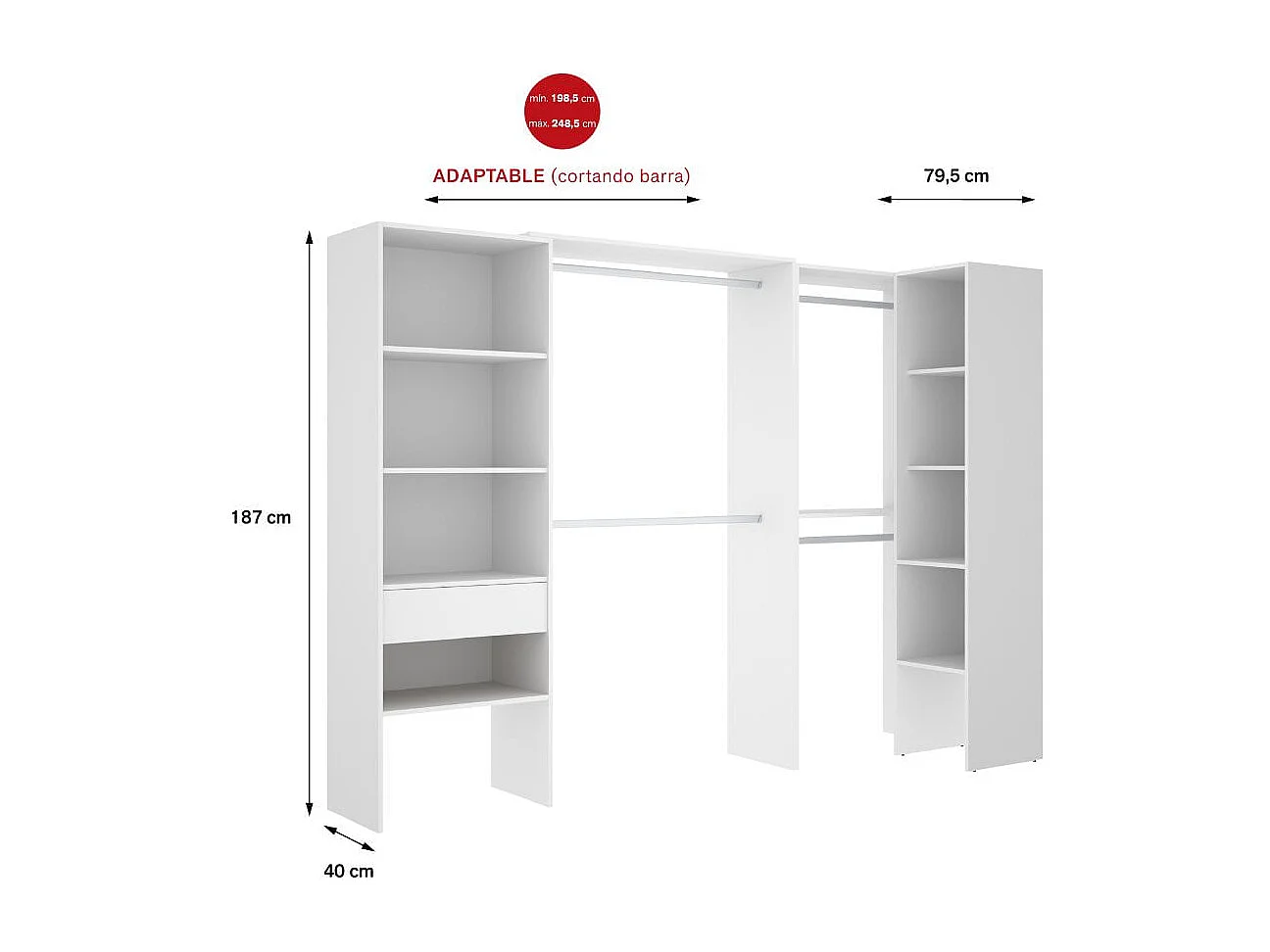 Armario vestidor Suit 2 módulos + 2 columnas + 4 barras blanco 187x248,5-198,5x79,5 cm