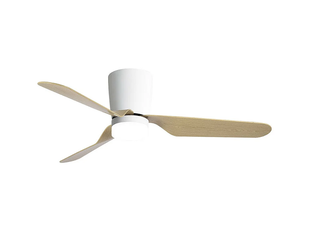 Ventilador LED blanco/haya, 6 vel., con mando, memoria y temporizador